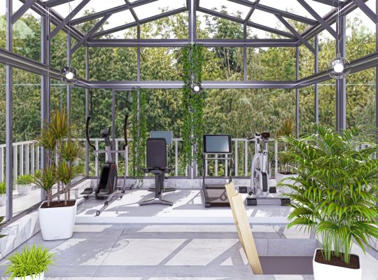 Room with veranda used as a fitness room with exercise bike and treadmill, 3d illustration, 3d rendering