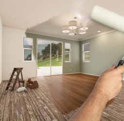 Before and After of Man Painting Roller to Reveal Newly Remodeled Room with Fresh Light Green Paint and New Floors.